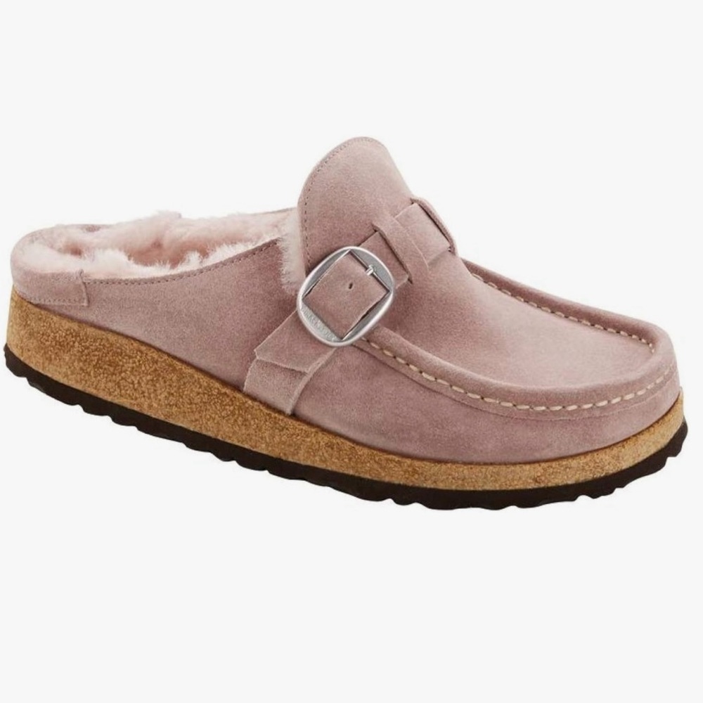 Birkenstock Buckley Women’s Shearling Taupe Suede Mules Clogs, Sz 37 (US 6-6.5)